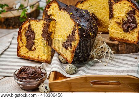 Panettone Is The Traditional Italian Dessert For Easter In 2021. Homemade Panettone Covered In Choco