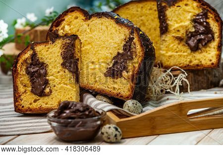Panettone Is The Traditional Italian Dessert For Easter In 2021. Homemade Panettone Covered In Choco
