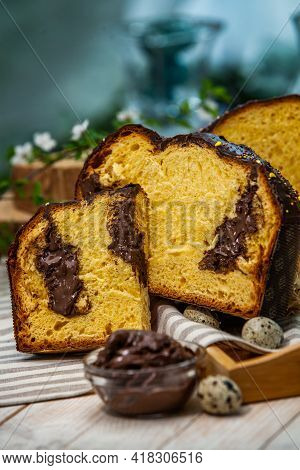 Panettone Is The Traditional Italian Dessert For Easter In 2021. Homemade Panettone Covered In Choco