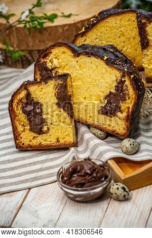 Panettone Is The Traditional Italian Dessert For Easter In 2021. Homemade Panettone Covered In Choco