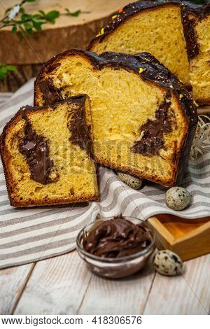 Panettone Is The Traditional Italian Dessert For Easter In 2021. Homemade Panettone Covered In Choco