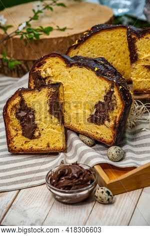 Panettone Is The Traditional Italian Dessert For Easter In 2021. Homemade Panettone Covered In Choco