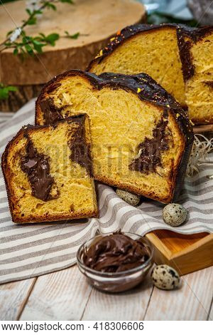 Panettone Is The Traditional Italian Dessert For Easter In 2021. Homemade Panettone Covered In Choco