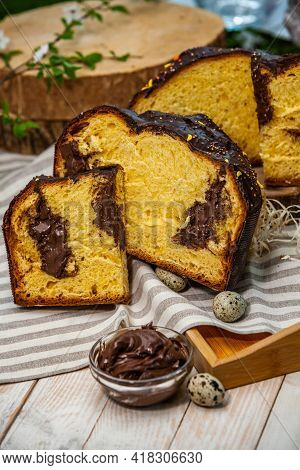 Panettone Is The Traditional Italian Dessert For Easter In 2021. Homemade Panettone Covered In Choco