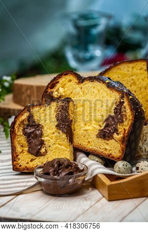 Panettone Is The Traditional Italian Dessert For Easter In 2021. Homemade Panettone Covered In Choco