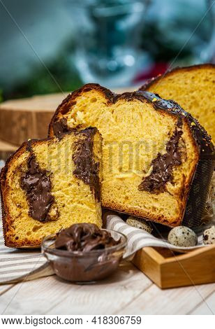 Panettone Is The Traditional Italian Dessert For Easter In 2021. Homemade Panettone Covered In Choco