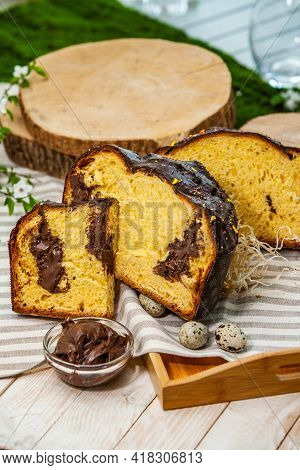 Panettone Is The Traditional Italian Dessert For Easter In 2021. Homemade Panettone Covered In Choco
