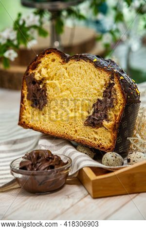 Panettone Is The Traditional Italian Dessert For Easter In 2021. Homemade Panettone Covered In Choco