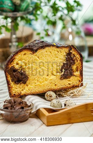 Panettone Is The Traditional Italian Dessert For Easter In 2021. Homemade Panettone Covered In Choco