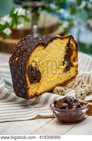 Panettone Is The Traditional Italian Dessert For Easter In 2021. Homemade Panettone Covered In Choco