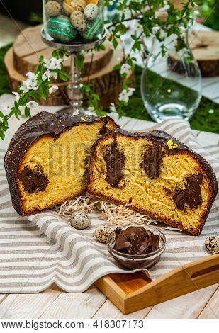 Panettone Is The Traditional Italian Dessert For Easter In 2021. Homemade Panettone Covered In Choco