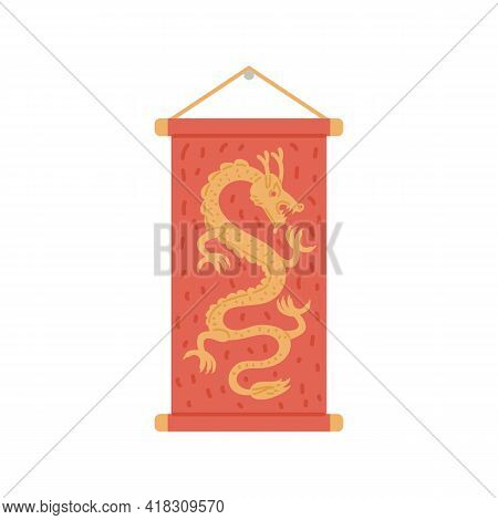 Gold Chinese Dragon On Red, Decoration With Traditional Symbol Of China Culture.