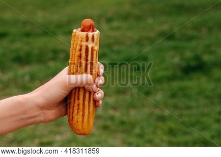 Hot Dog In Hand On The Background