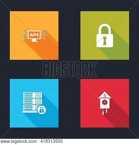 Set Computer Api Interface, Lock, Server Security With Lock And Retro Wall Watch Icon. Vector