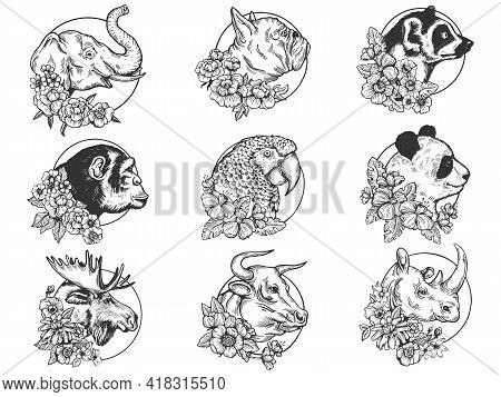Flowers And Animal Head Set Tattoo With Flowers Sketch Engraving Vector Illustration. T-shirt Appare