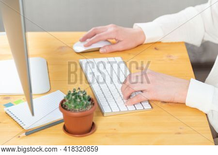 Businesswoman Typing On Computer Keyboard At Workplace Woman Working In Home Office Hand Keyboard
