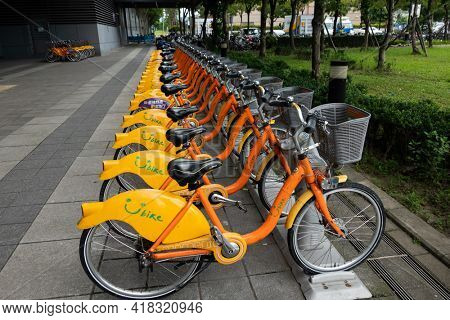 New Taipei city, Taiwan - Jum 14th, 2020: Ubike, a bike sharing system service used by citizens as short-distance transit vehicles at street in New Taipei city, Taiwan