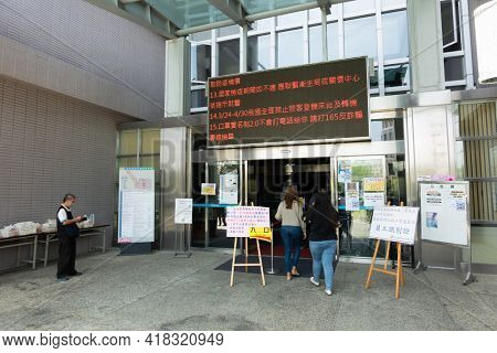 Nantou, Taiwan - April 16th, 2020: warning board in front of Nantou government building during covid-19, Nantou, Taiwan