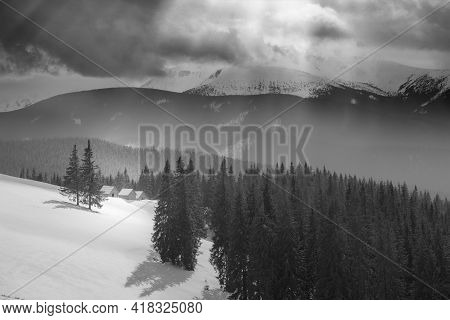 Winter Landscape In Carpathian Mountains. Hut In A Mountain Valley. Ukraine, Valley Kukul.