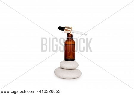 Amber Glass Bottles With Pipette. Transparent Hyaluronic Gel And Oil Skin Care Concept. Top Horizont