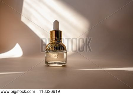 Eco Mineral Oil In Amber Glass Bottles With Pipette. Transparent Hyaluronic Serum Gel And Skin Care