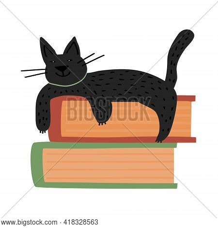 Cat On Books Isolated On White Background. Flat Vector Illustration.