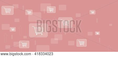 Multiple Shopping Cards Icons On A Light Pink Background With Blank Space On The Right, Internet Sho