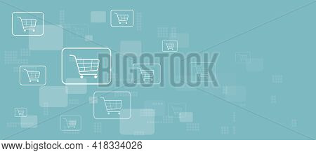 Multiple Shopping Cards Icons On A Light Blue Background With Blank Space On The Right, Internet Sho