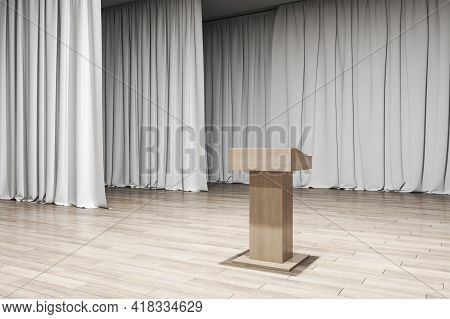 Empty Bright Stage With A Wooden Postament And White Curtains, Wooden Floor, Interior Design And Spe