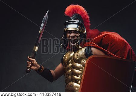 Furious African Warrior With Sword And Shield Going To Battle