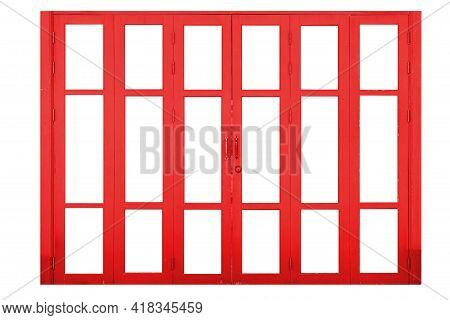 Vintage Red Hinged Wooden Door Isolated On A White Background