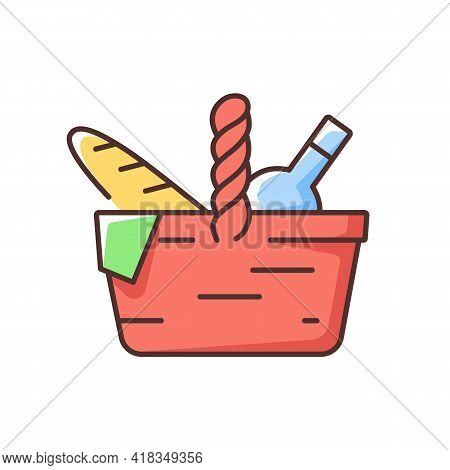 Picnic Basket Rgb Color Icon. Heaving Picnic Hamper. Holding Food And Tableware. Snacks Packing. Gat
