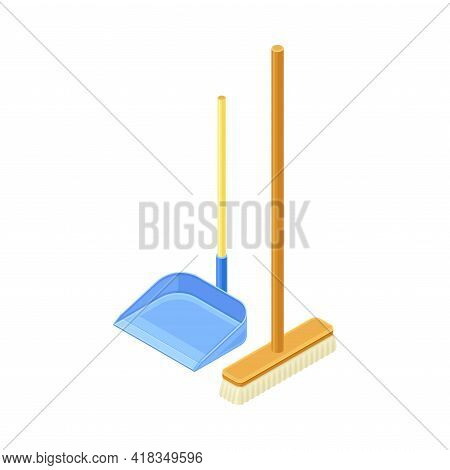 Broom And Dustpan With Wooden Handle As Household Cleaning Equipments Isometric Vector Composition