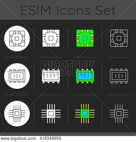 Microcircuits Dark Theme Icons Set. Designing Modern Microcomponents For Device Creation. Building E