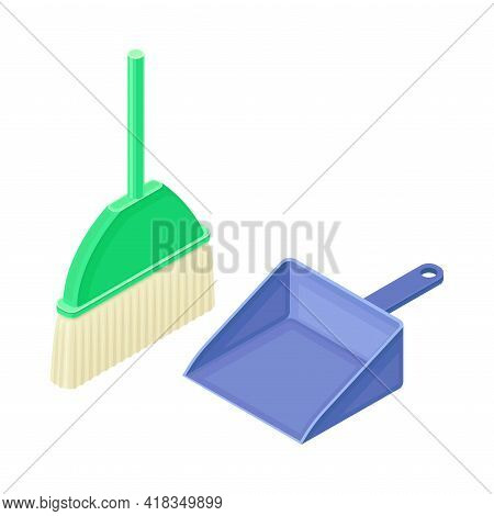 Broom And Dustpan As Household Cleaning Equipments Isometric Vector Composition