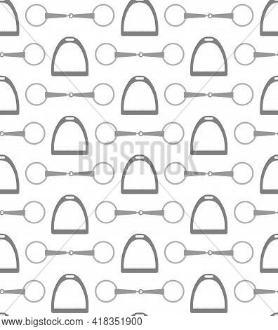 Vector Seamless Pattern Of Flat Horse Equestrian Bit Snaffle And Stirrup Isolated On White Backgroun