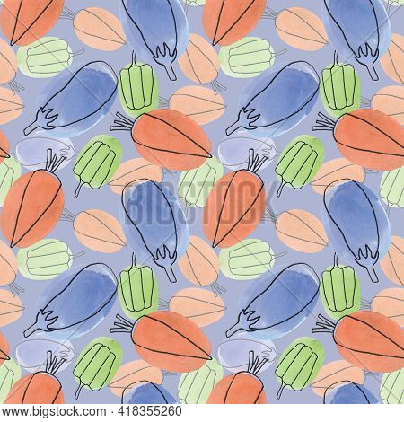Seamless Pattern With Vegetables In The Style Of Linart On A Light Blue Background. Sweet Pepper, Ca