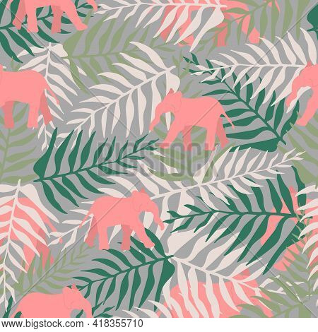 Tropical Seamless Pattern With Palm Leafs And Cute Elephant. Exotic Vector Illustration