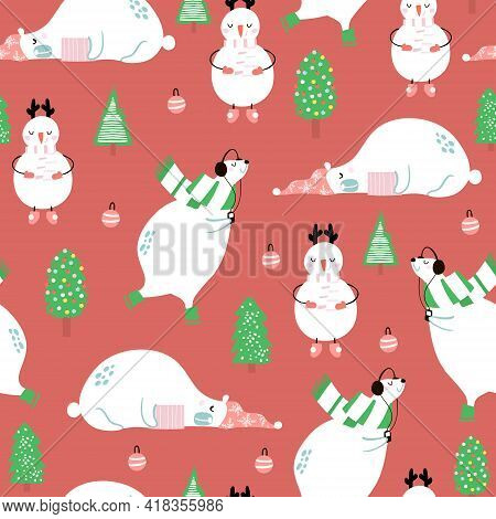 Seamless Festive Pattern With Cute Cartoon Bear And Snowman. Vector Holiday Background
