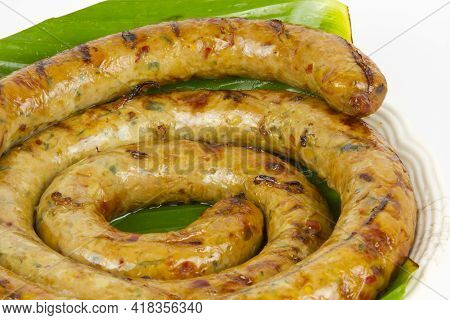 Grilled Notrhern Thai Spicy Sausage (sai Aua) On White Background White Background.