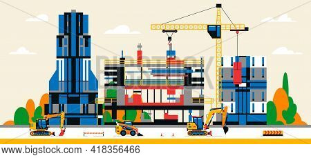 Construction Site In The City Between City Buildings. Building Under Construction And Service Equipm