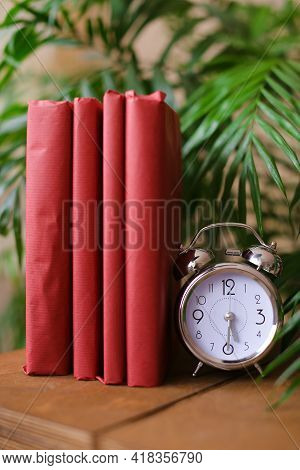 Scarlet Photo Albums Stnding Near Clock And Houseplant On Table.
