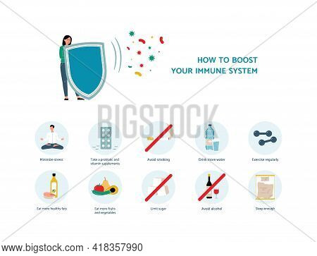Healthy Woman With Strong Immune System And Health Habits A Vector Illustration.