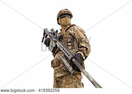 Armored Special Forses Sniper With Rifle Isolated On White Background