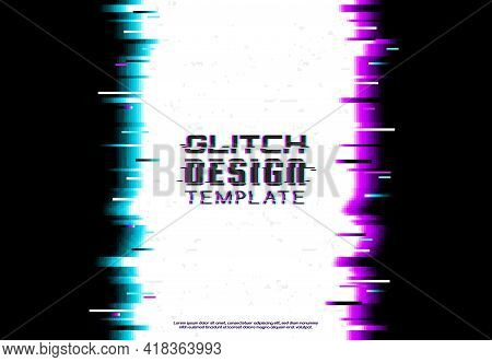Screen Glitch Template, Broken Monitor Or Tv Signal Fail Vector Background. Digital Pixels Noise Blu