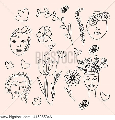 Set In The Style Of Linart Girls Face And Flowers On A Beige Background.