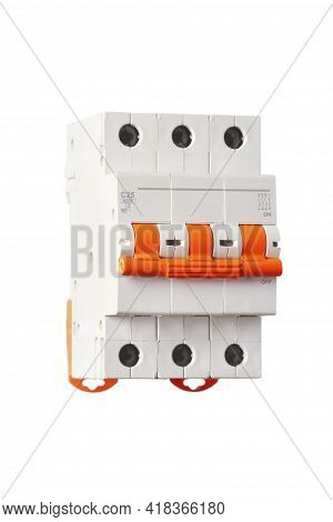 Three Pole Circuit Breaker For Low Voltage Electrical Installations Isolated On White Background