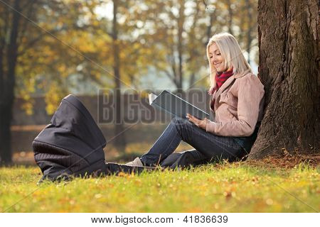 Bir parkta otururken ve bebeği bir Portbebe içinde bir hikaye okuma genç anne