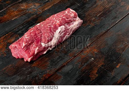 Fresh And Raw Fillet Meat. Whole Piece Of Beef Tenderloin Steaks Set, On Old Dark  Wooden Table Back