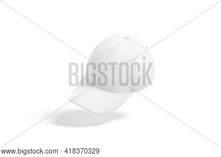 Blank White Baseball Cap Mock Up, No Gravity, 3d Rendering. Empty Fabric Head Cover For Sporty Outfi